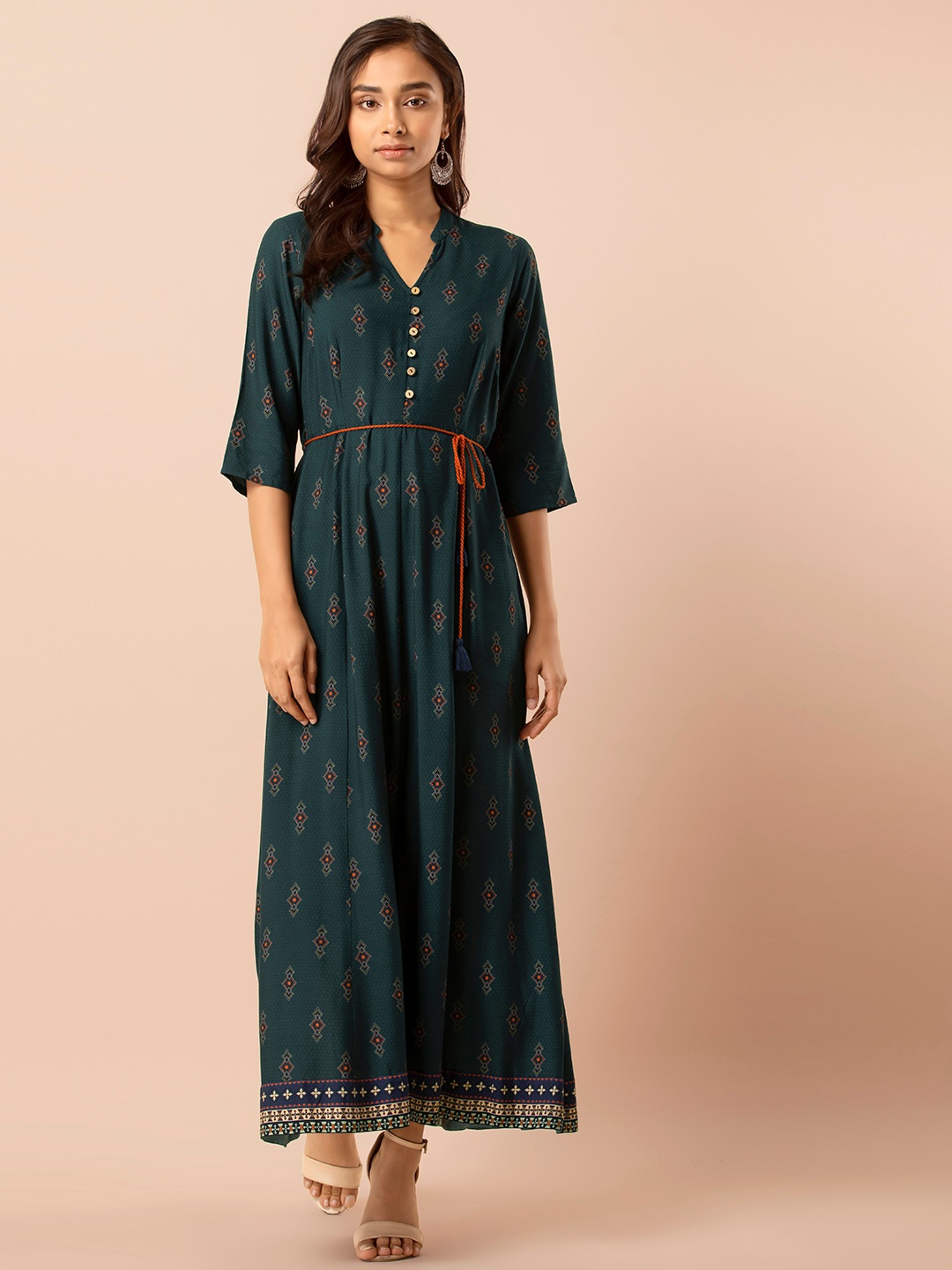 

INDYA Ethnic Motif Printed A-Line Maxi Ethnic Dress, Green