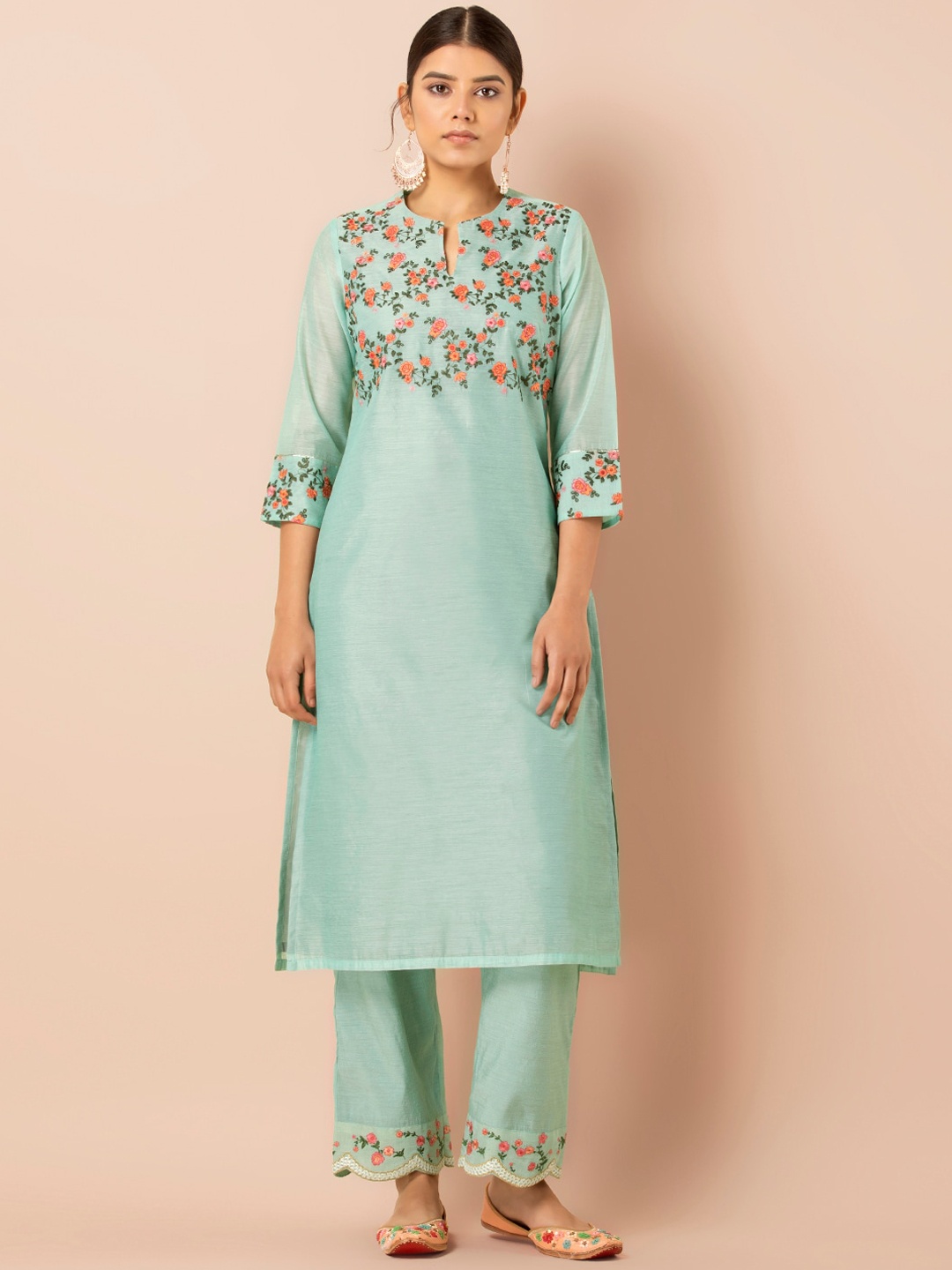 

INDYA Floral Yoke Design Notched Neck Straight Kurta, Sea green
