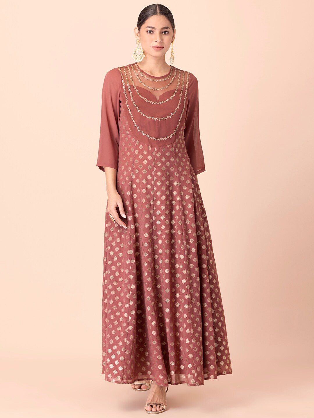 

INDYA Ethnic Motif Printed Embroidered A-Line Ethnic Dress, Brown