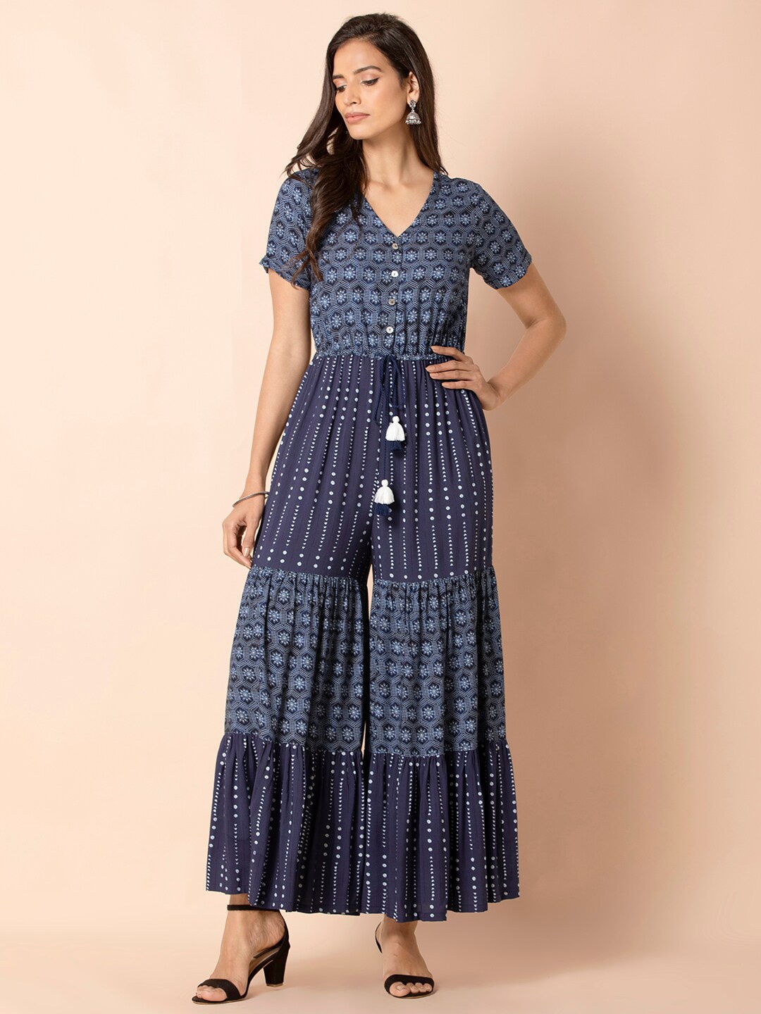 

INDYA Geometric Printed V-Neck Tiered Jumpsuit, Blue