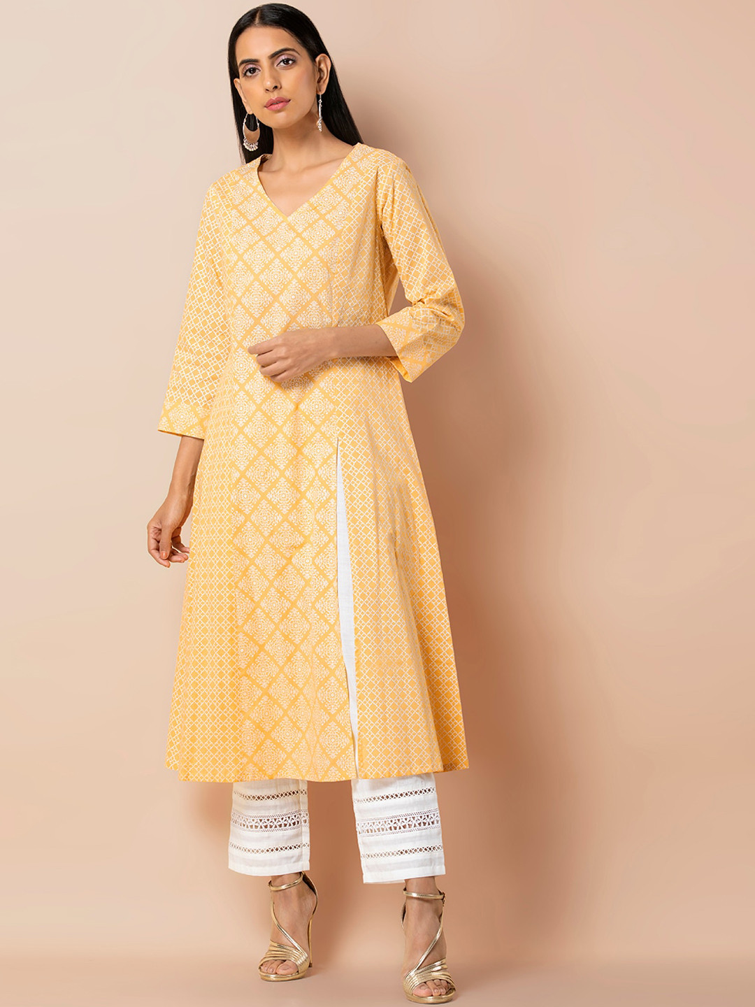 

INDYA Ethnic Motif Printed Pure Cotton A-Line Kurta, Yellow