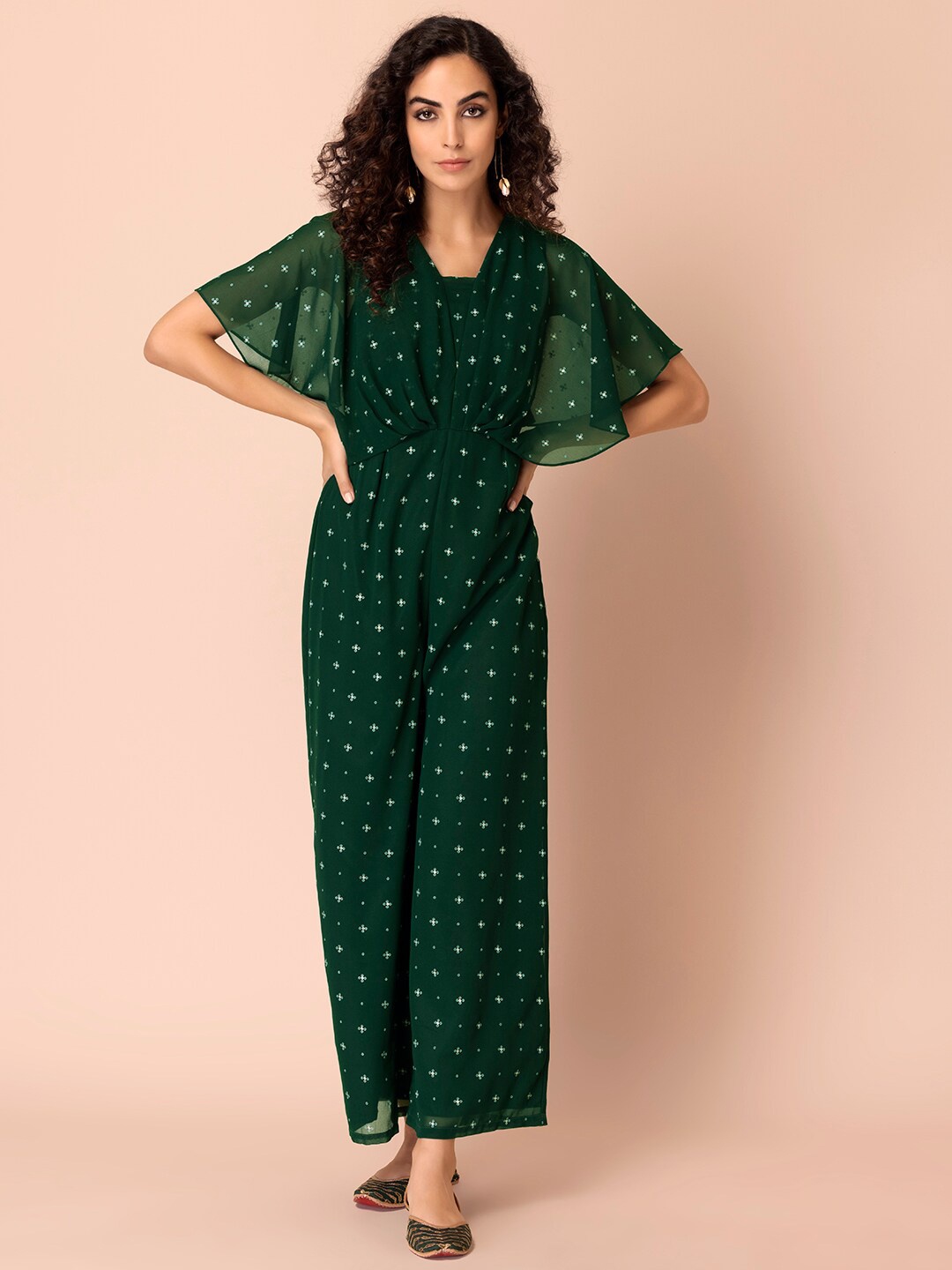 

INDYA Bandhani Printed Flared Sleeves Jumpsuit, Green