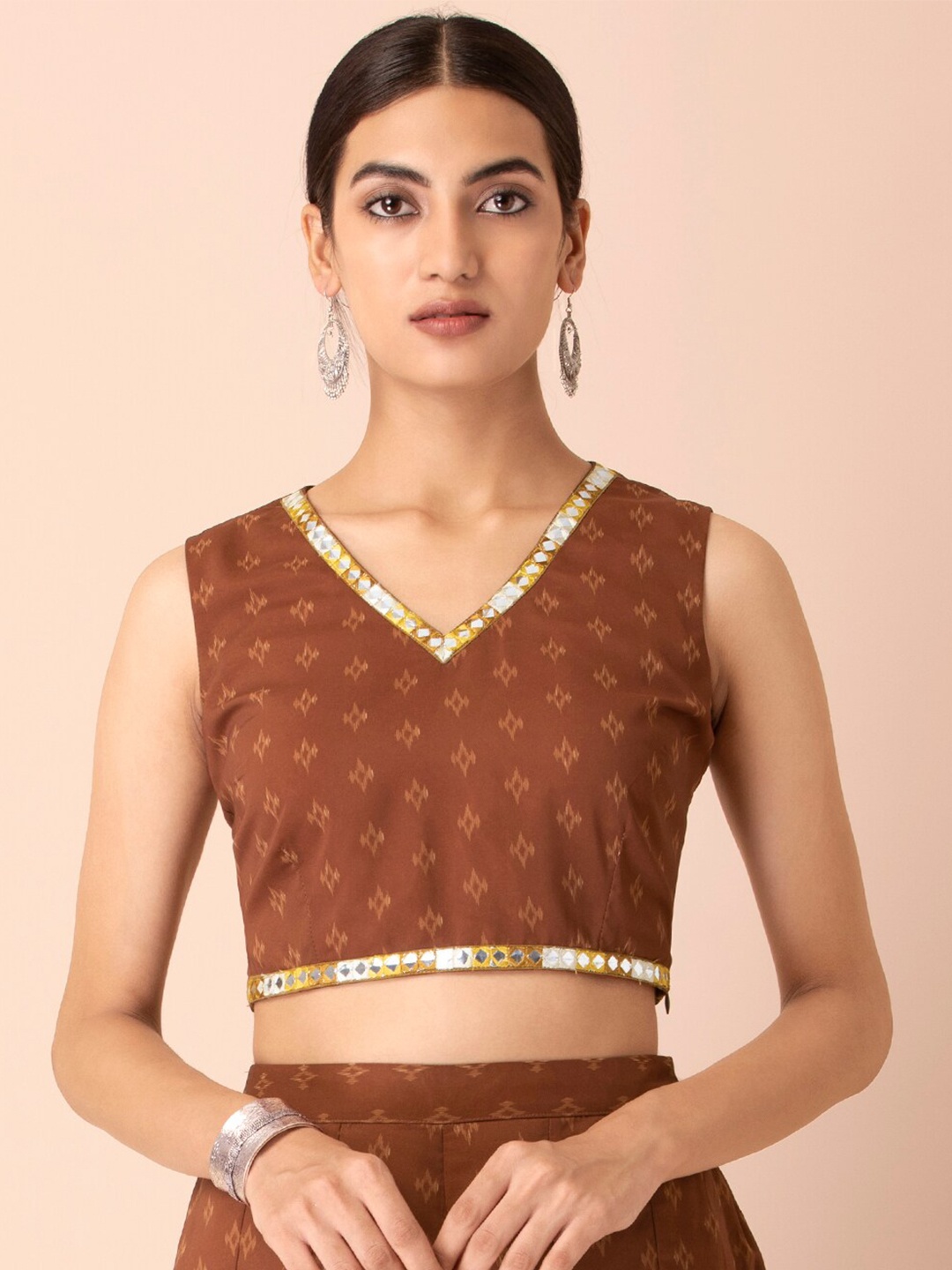 

INDYA Ethnic Motif Printed Embroidered Crop Top, Brown