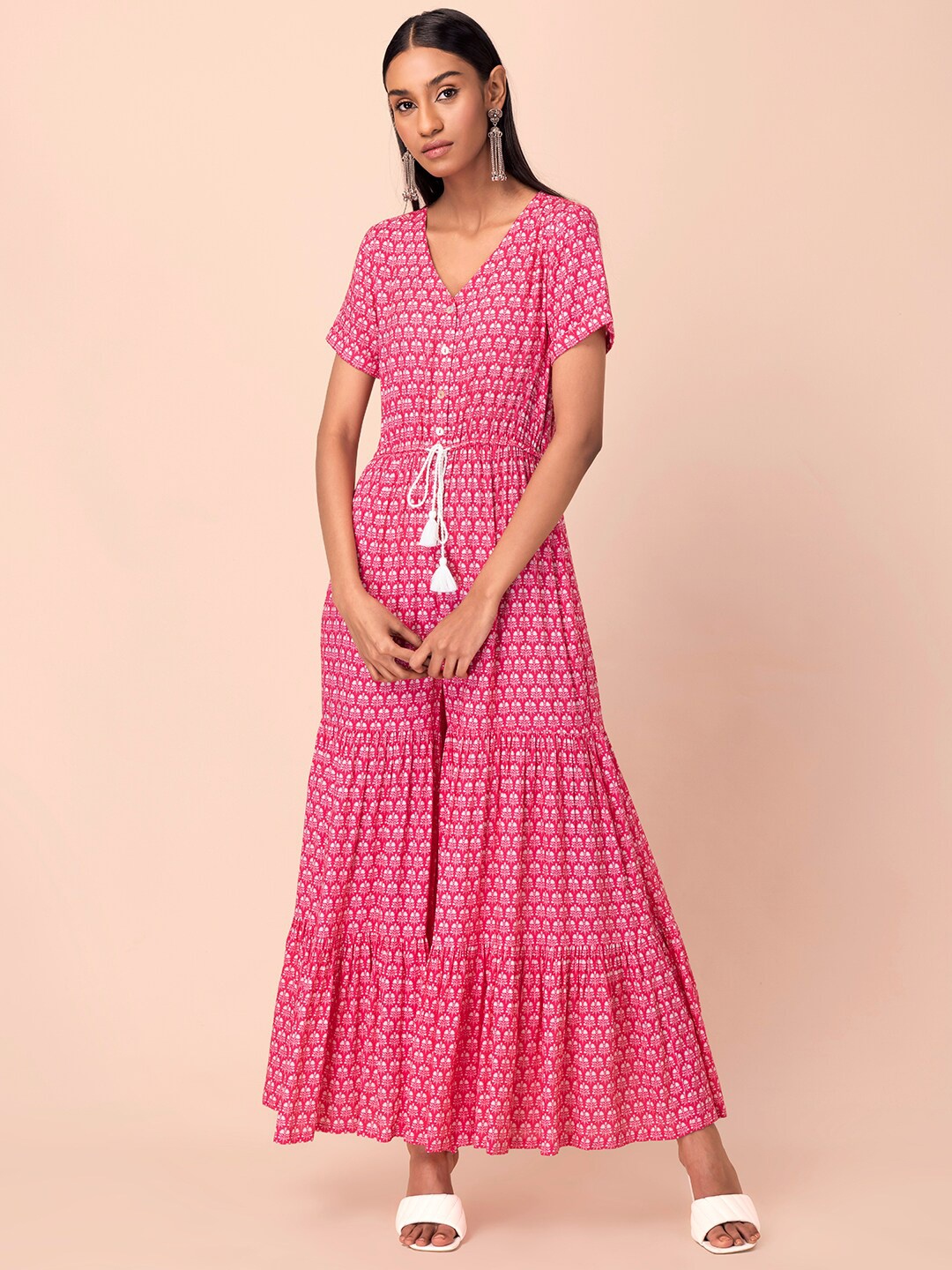 

INDYA Floral Printed Tiered Basic Jumpsuit, Pink
