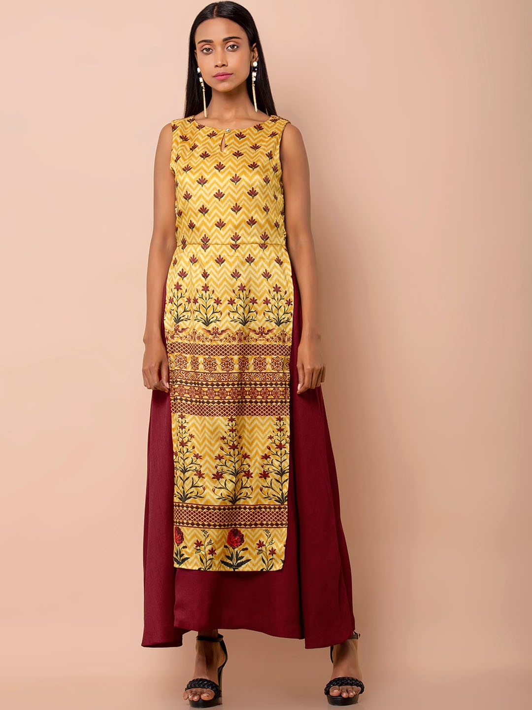 

INDYA Floral Printed Boat Neck Sleeveless Kurta, Yellow