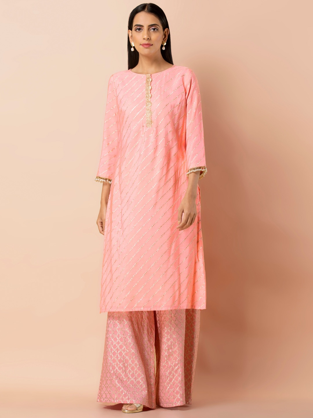 

INDYA Leheriya Embroidered Thread Work Straight Kurta, Peach