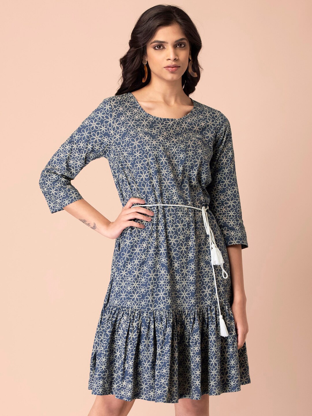 

INDYA Floral Printed Frilled A-Line Dress, Blue