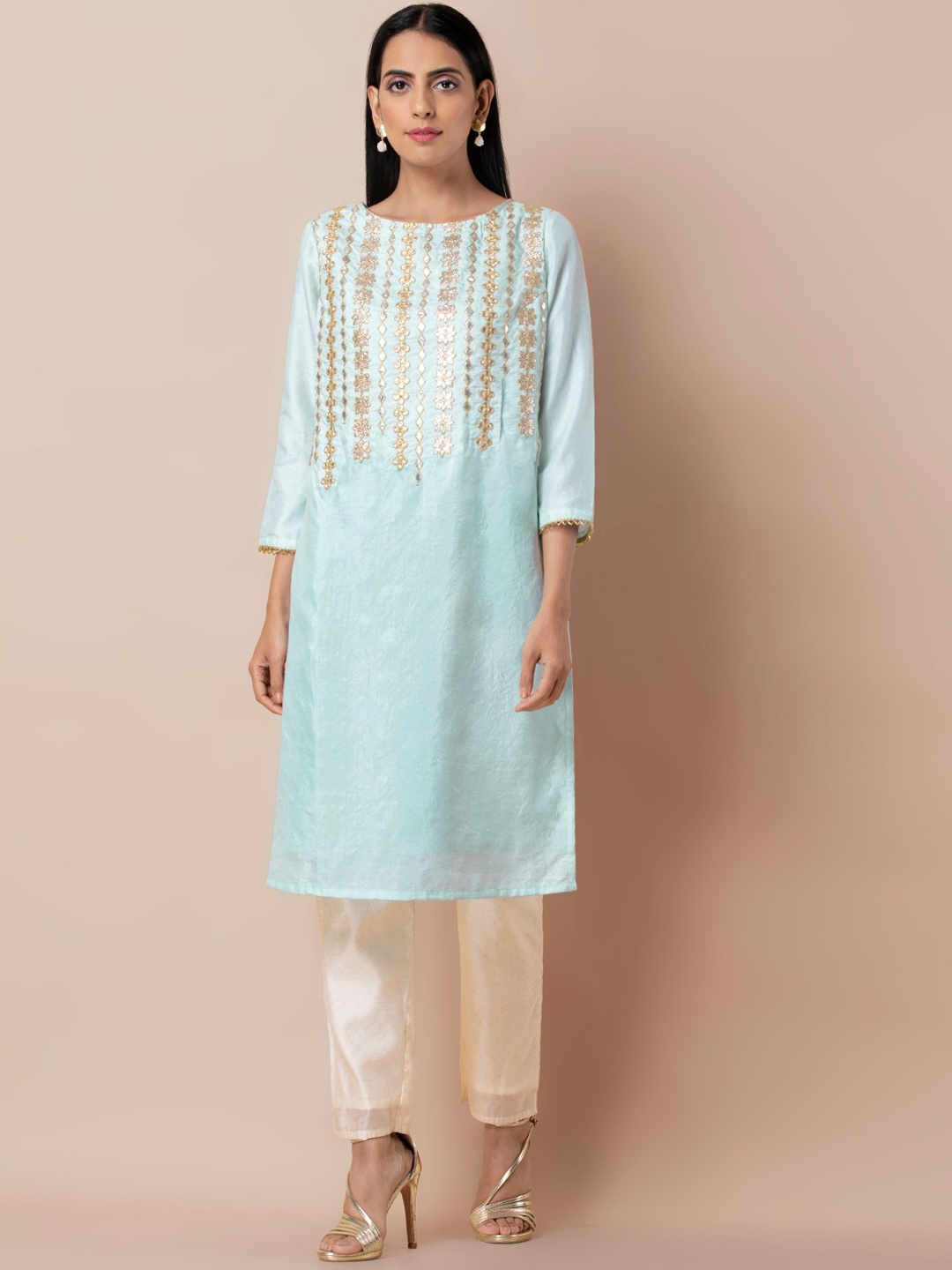

INDYA Yoke Design Gotta Patti Straight Kurta, Turquoise blue