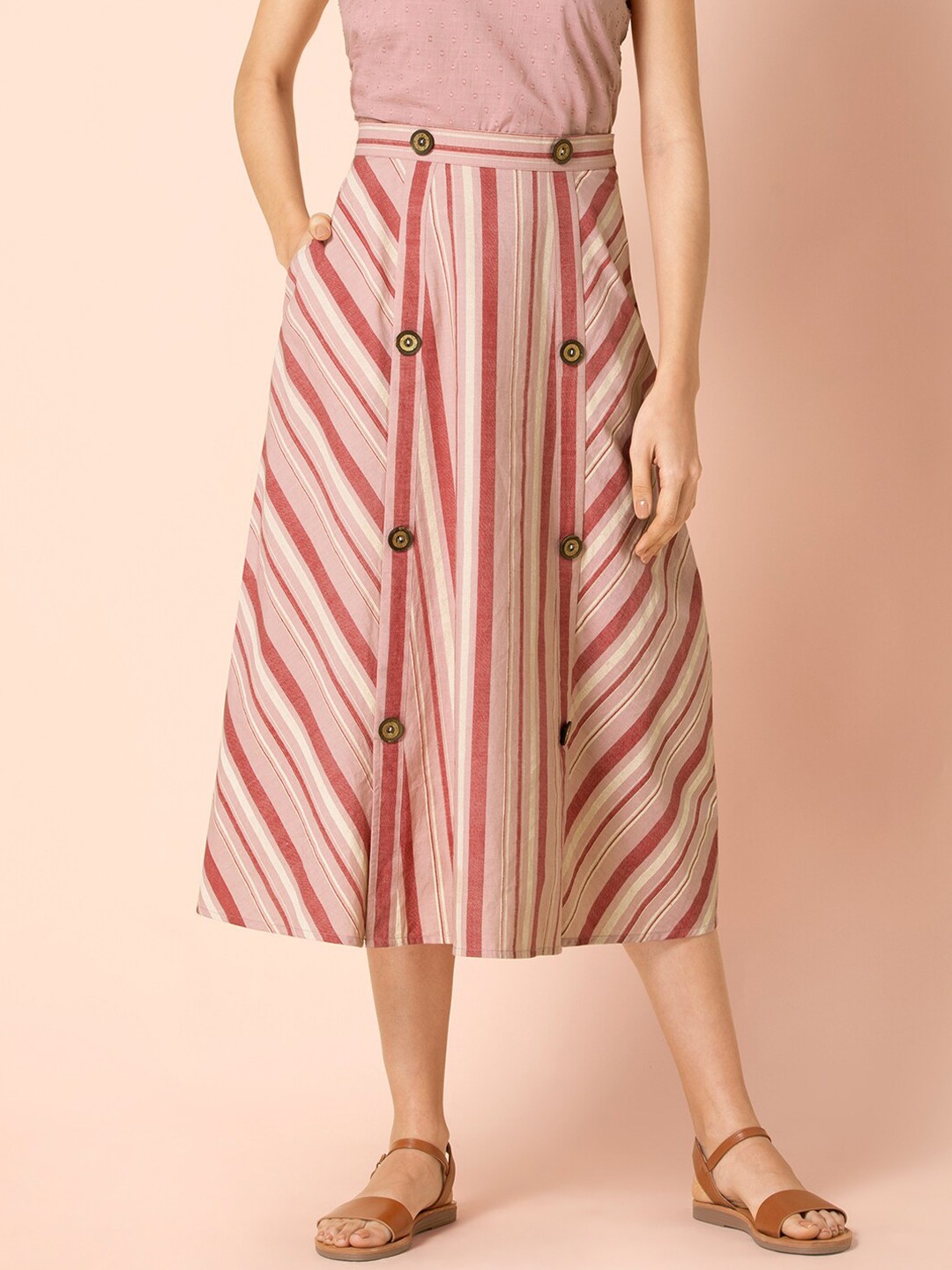

INDYA Striped Pure Cotton Buttoned A-line Midi Skirt, Pink