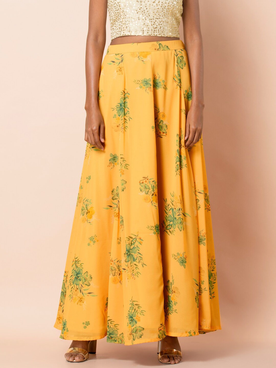 

INDYA Floral Printed Flared Maxi Skirt With Cancan, Yellow