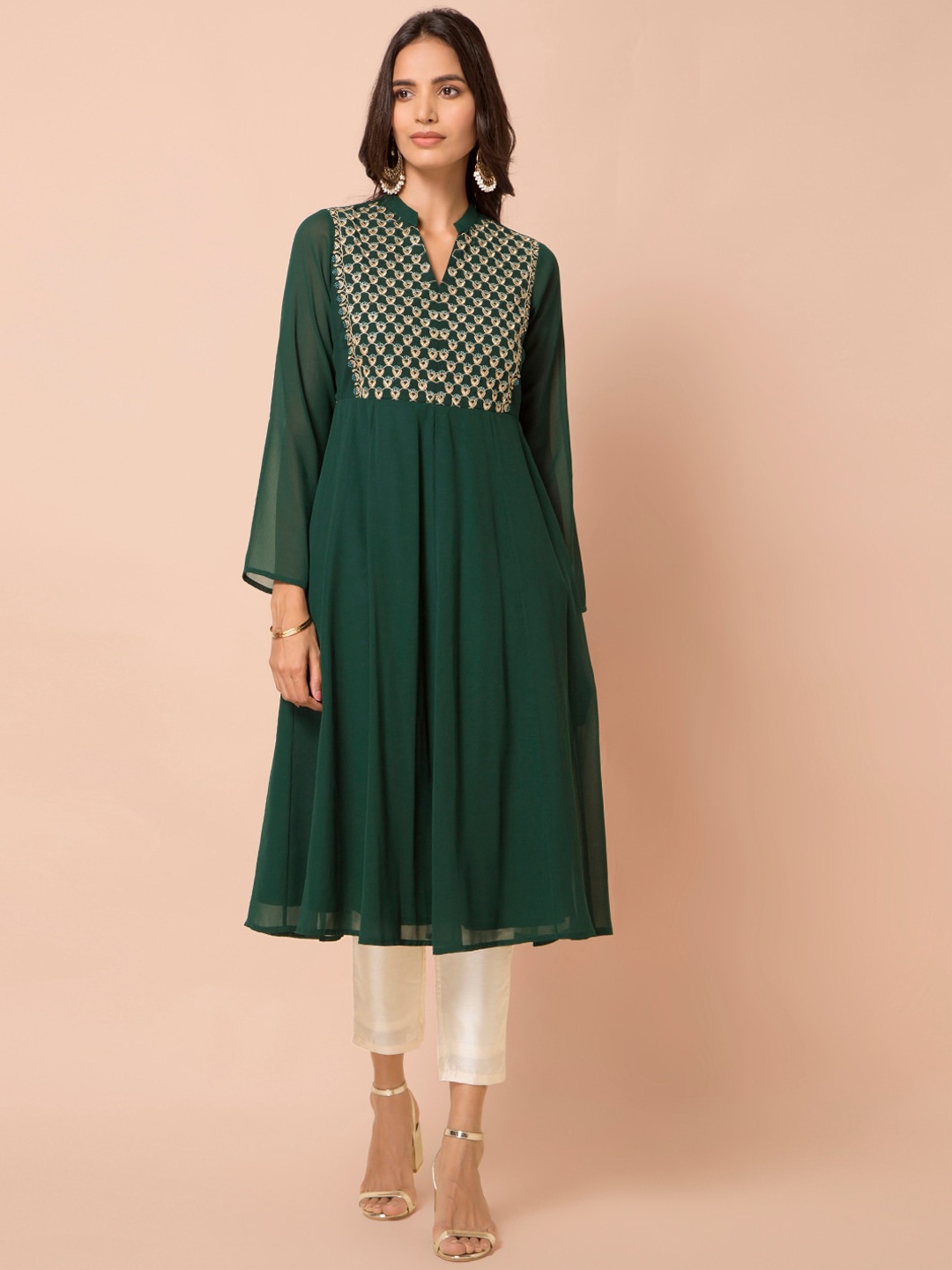 

INDYA Ethnic Motif Embroidered Band Collar Anarkali Kurta, Green