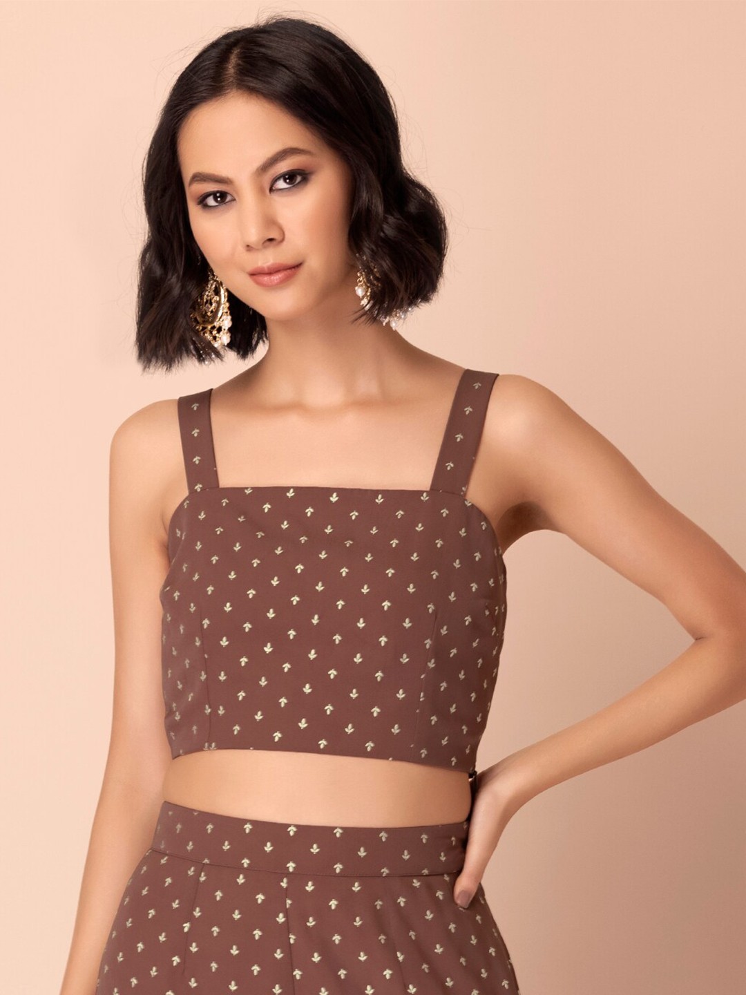 

INDYA Ethnic Motif Printed Regular Crop Top, Brown