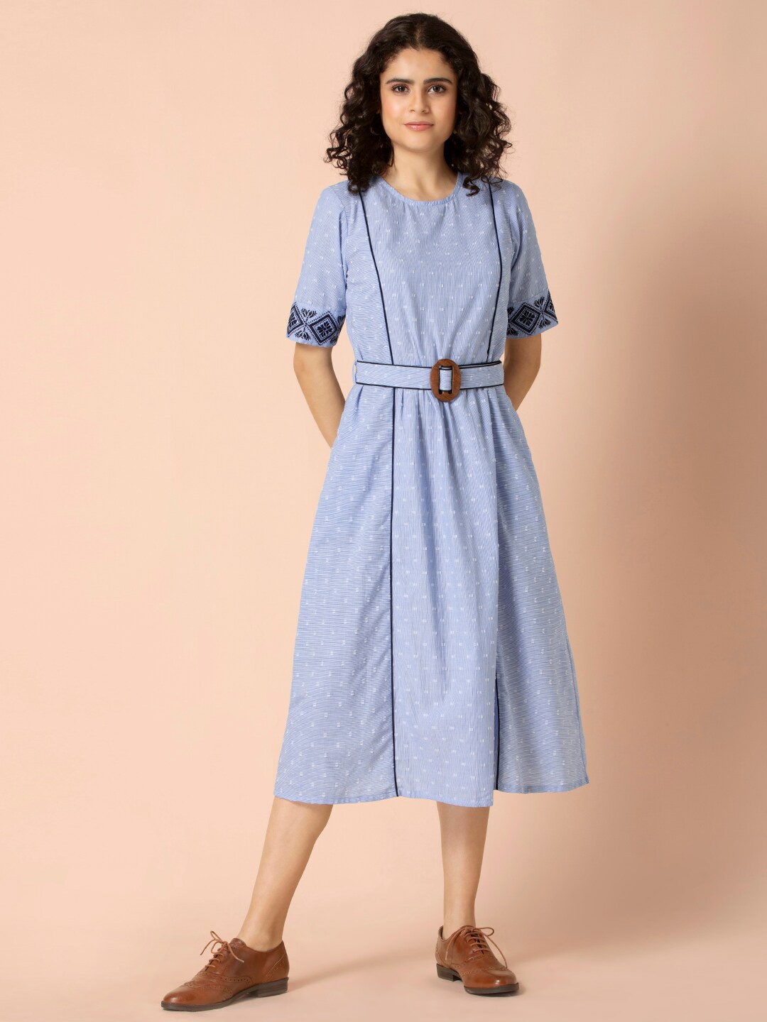 

INDYA Striped & Embroidered Belted A-Line Dress, Blue