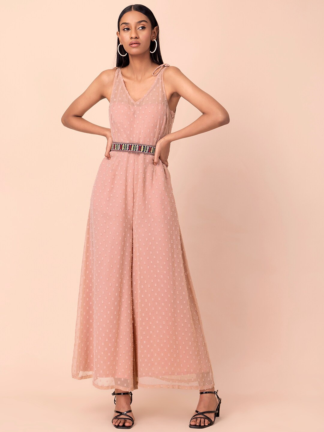 

INDYA Tie-Up Shoulder Belted Jumpsuit, Beige