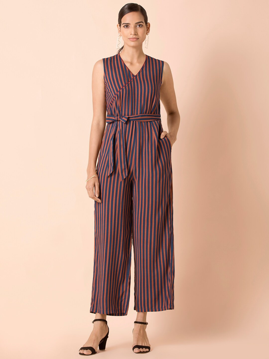 

INDYA Women Striped Belted Jumpsuit With Pockets, Maroon