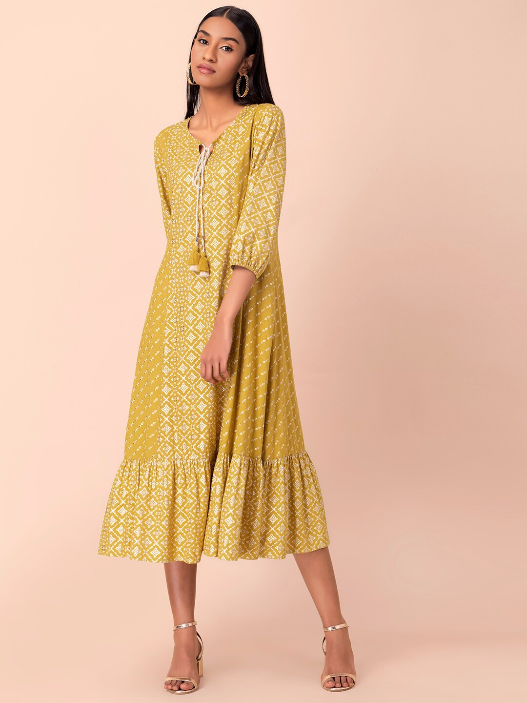 

INDYA Foil-Printed Ruffled A-Line Dress, Yellow