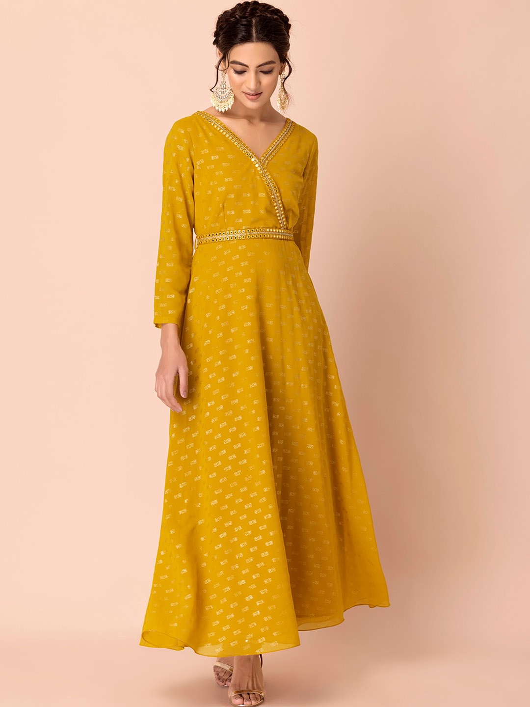 

INDYA Geometric Printed V Neck Mirror Work Angrakha Kurta, Yellow