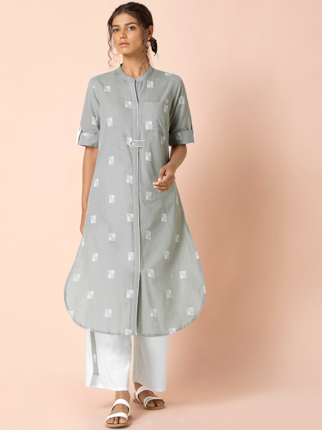

INDYA Woven Design Pure Cotton A-Line Kurta With Palazzos, Grey