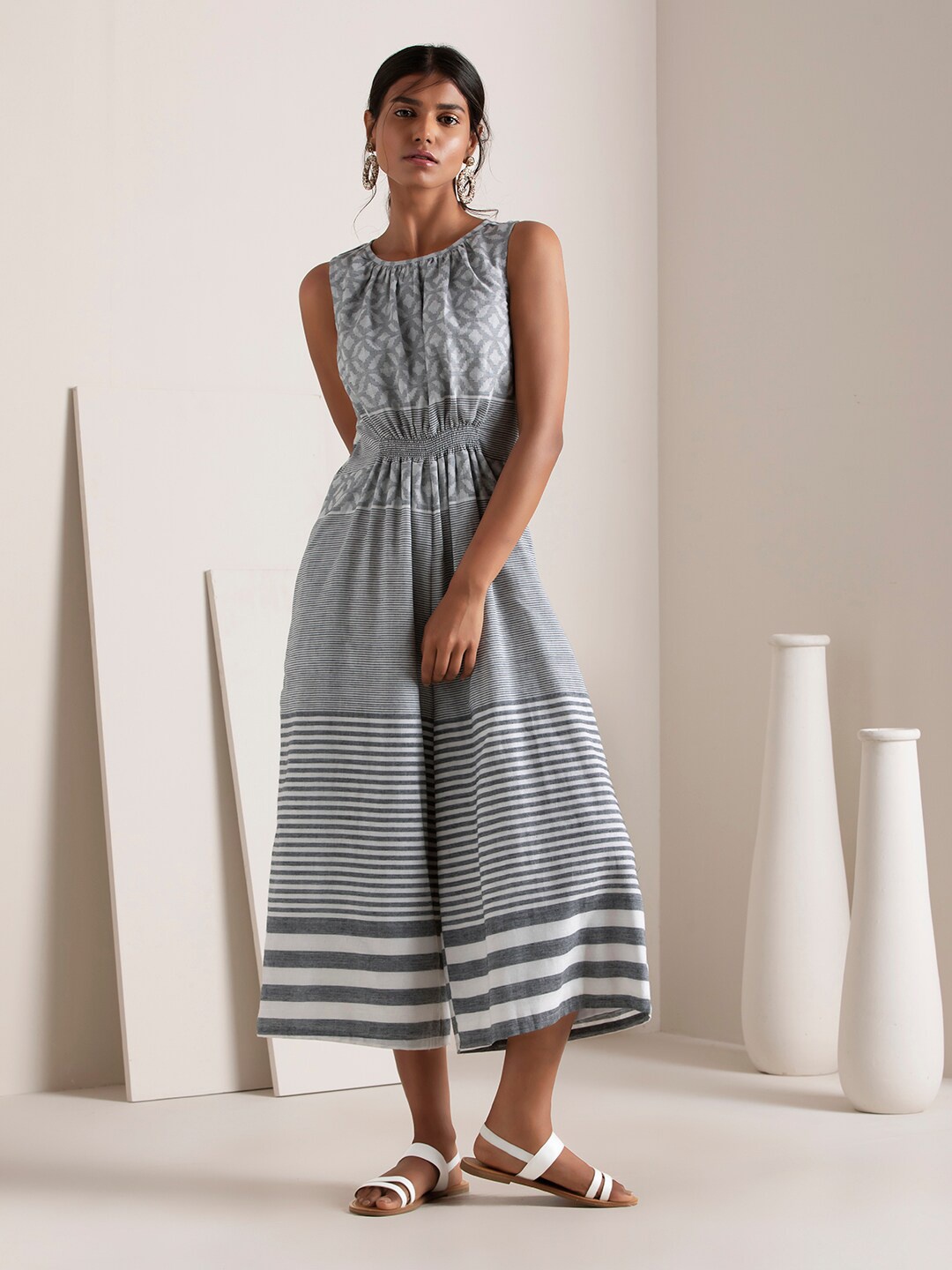 

INDYA Striped Pure Cotton Culotte Jumpsuit, Grey