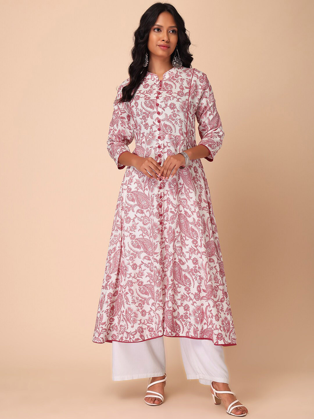 

INDYA Floral Printed Band Collar Pure Cotton A-Line Kurta, White