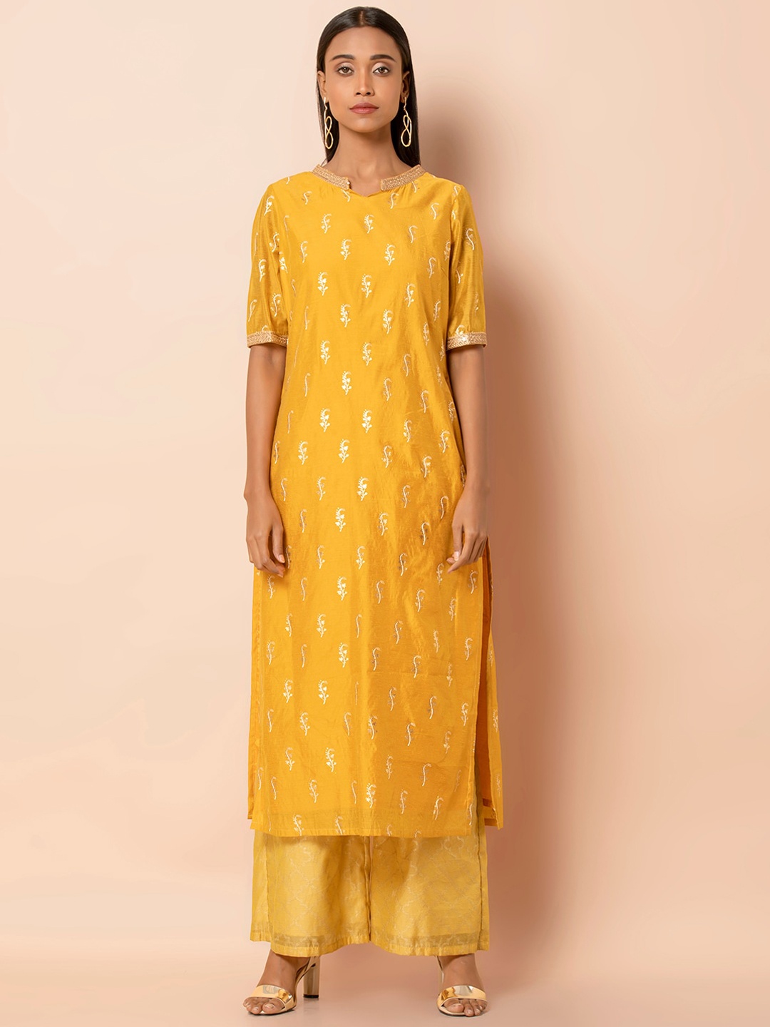 

INDYA Floral Printed Gotta Patti Straight Kurta, Yellow
