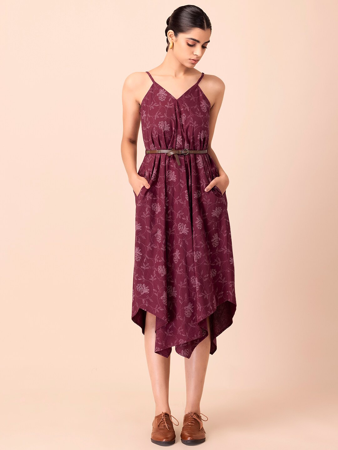 

INDYA Floral Printed Pure Cotton Fit & Flared Belted High Low Ethnic Dress, Maroon