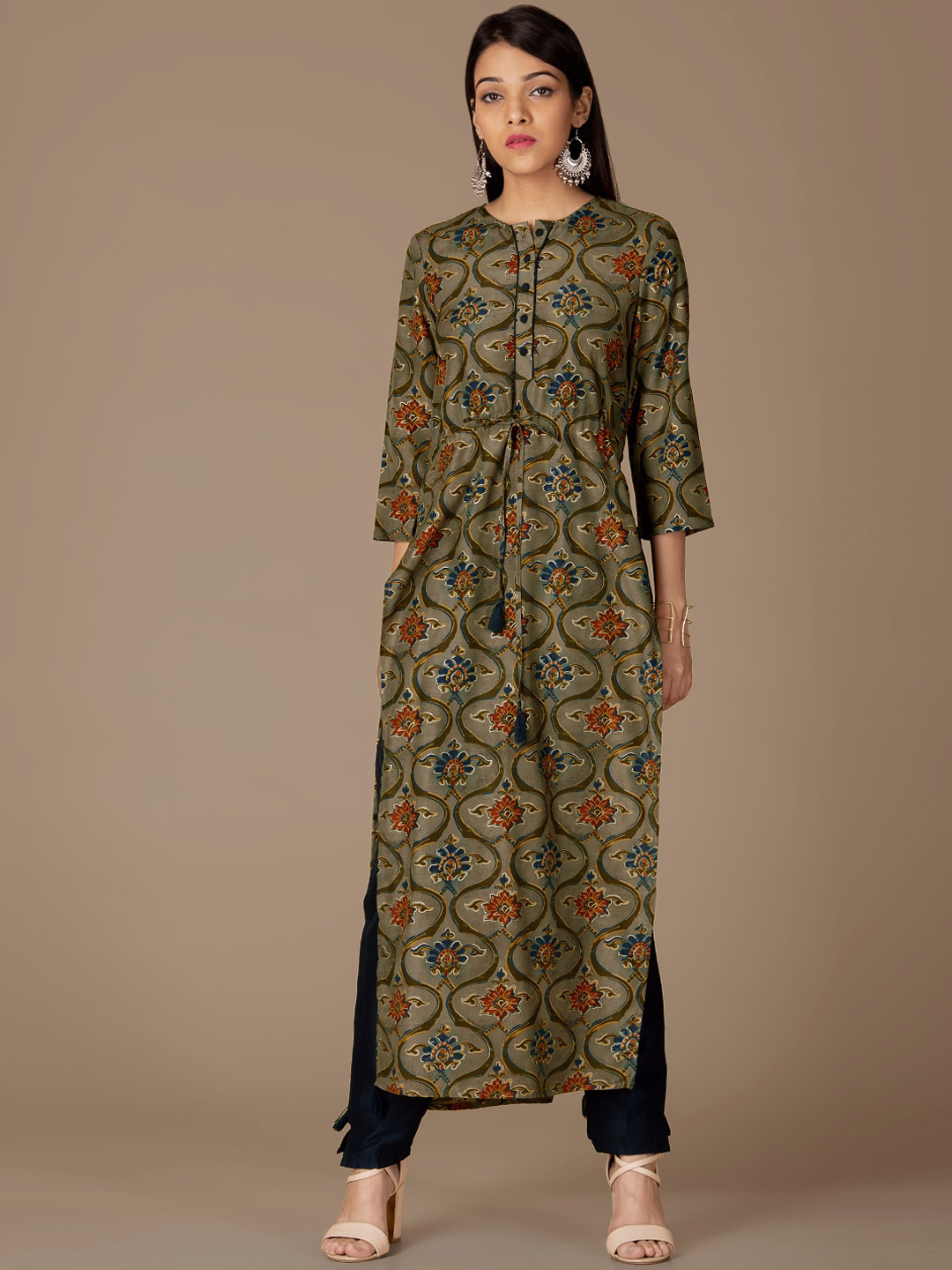 

INDYA Ethnic Motif Printed High Slit A-Line Kurta, Olive