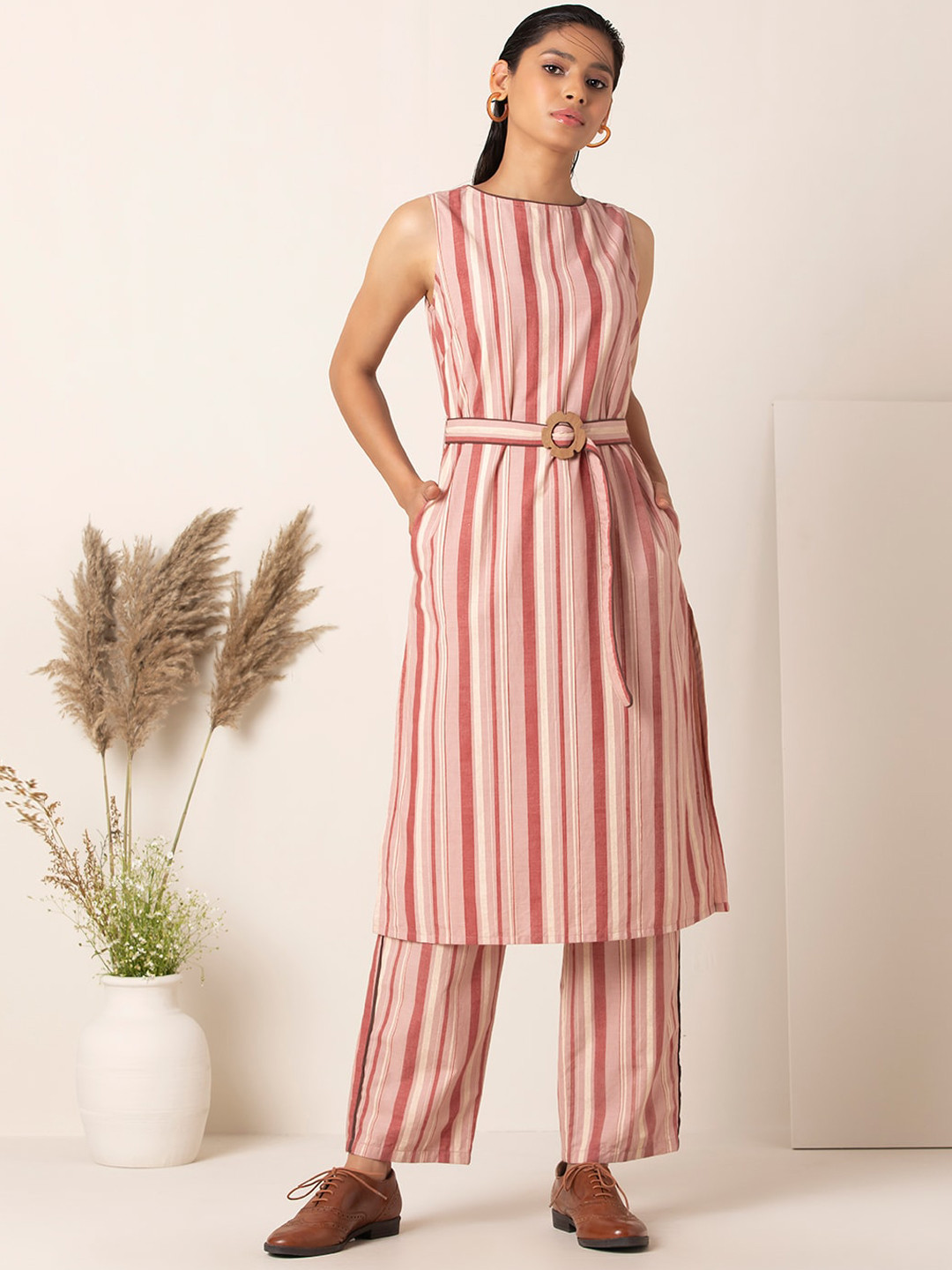 

INDYA Striped Pure Cotton Belted Straight Kurta With Palazzos, Pink