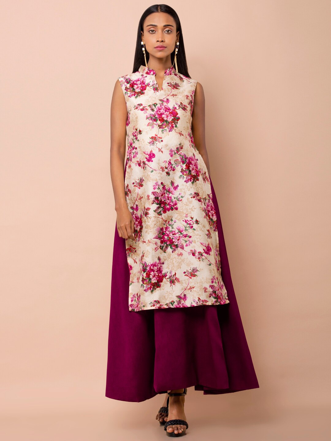 

INDYA Floral Printed Band Collar Double Layer A-Line Kurta, Cream