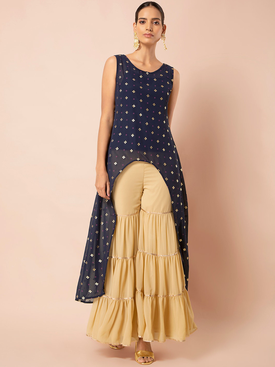 

INDYA Geometric Printed Sleeveless High-Low Kurta, Navy blue