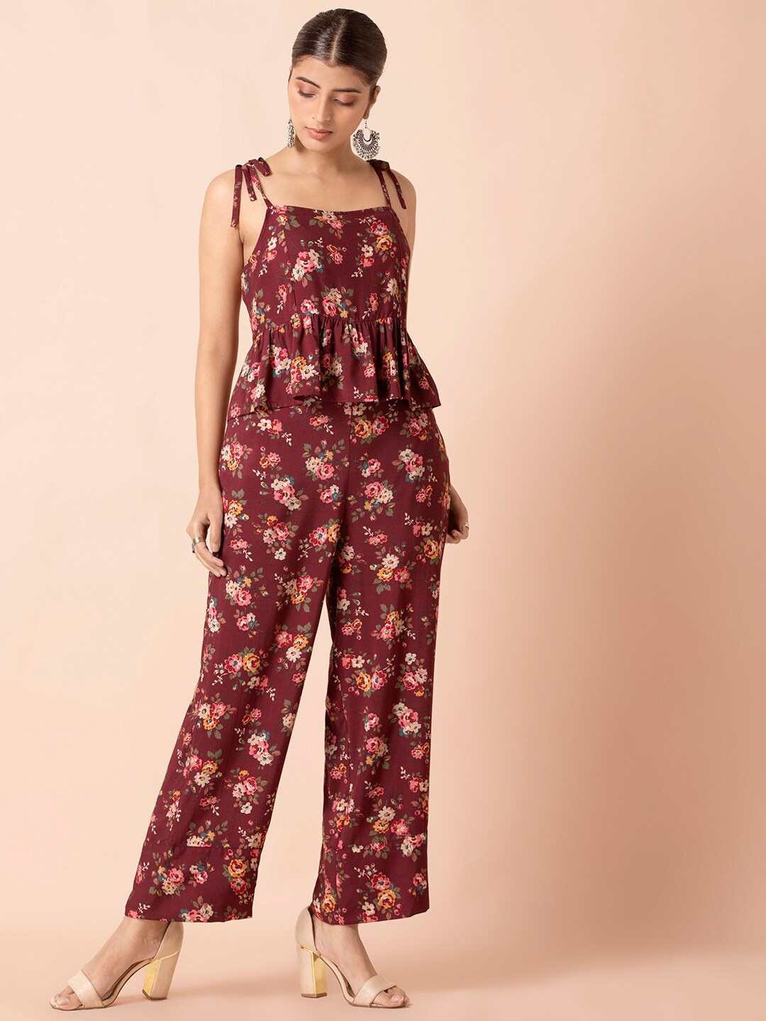 

INDYA Floral Printed Peplum Top with Trousers, Maroon