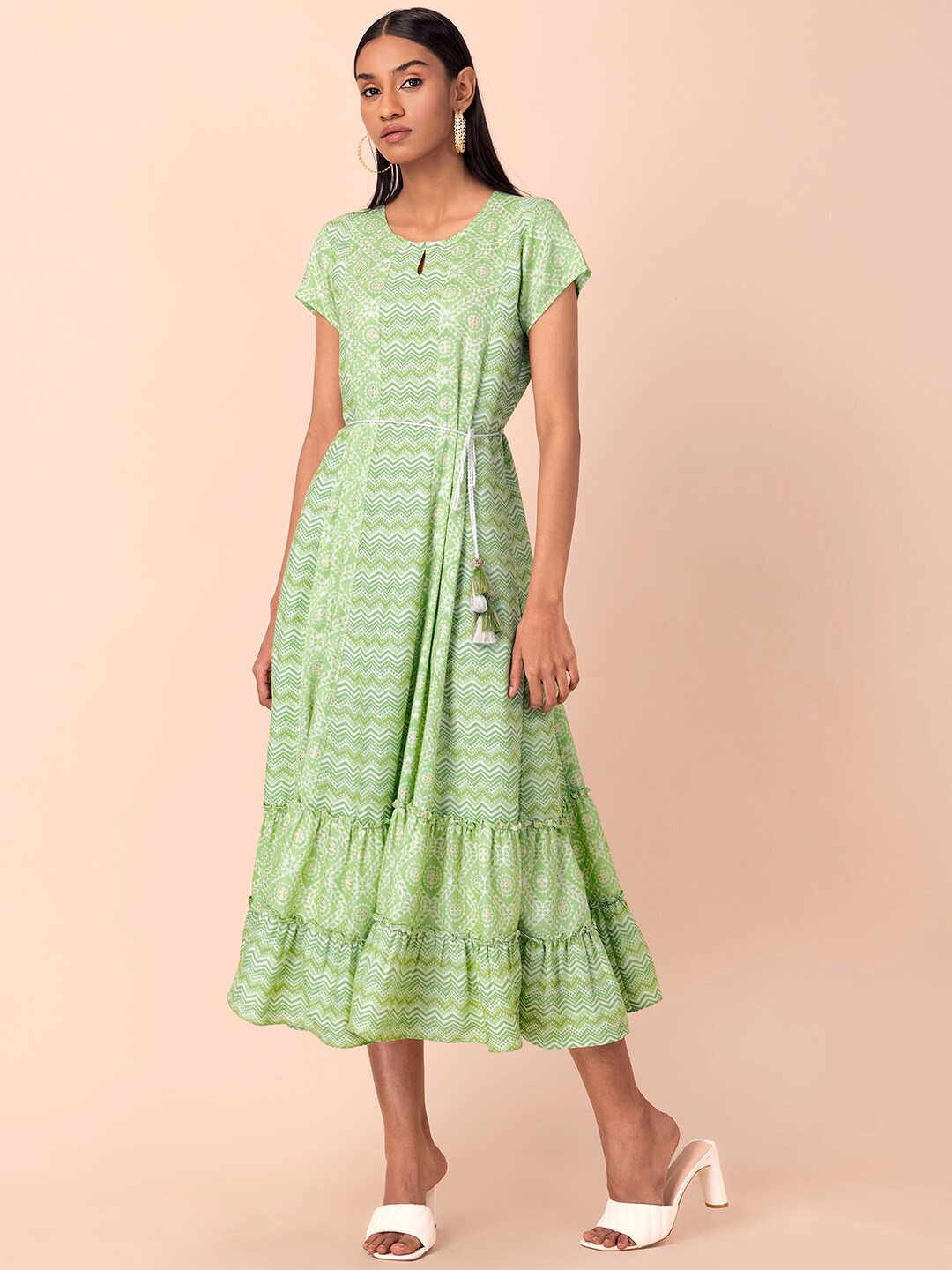 

INDYA Floral Printed Keyhole Neck Fit & Flare Dress With Belt, Sea green