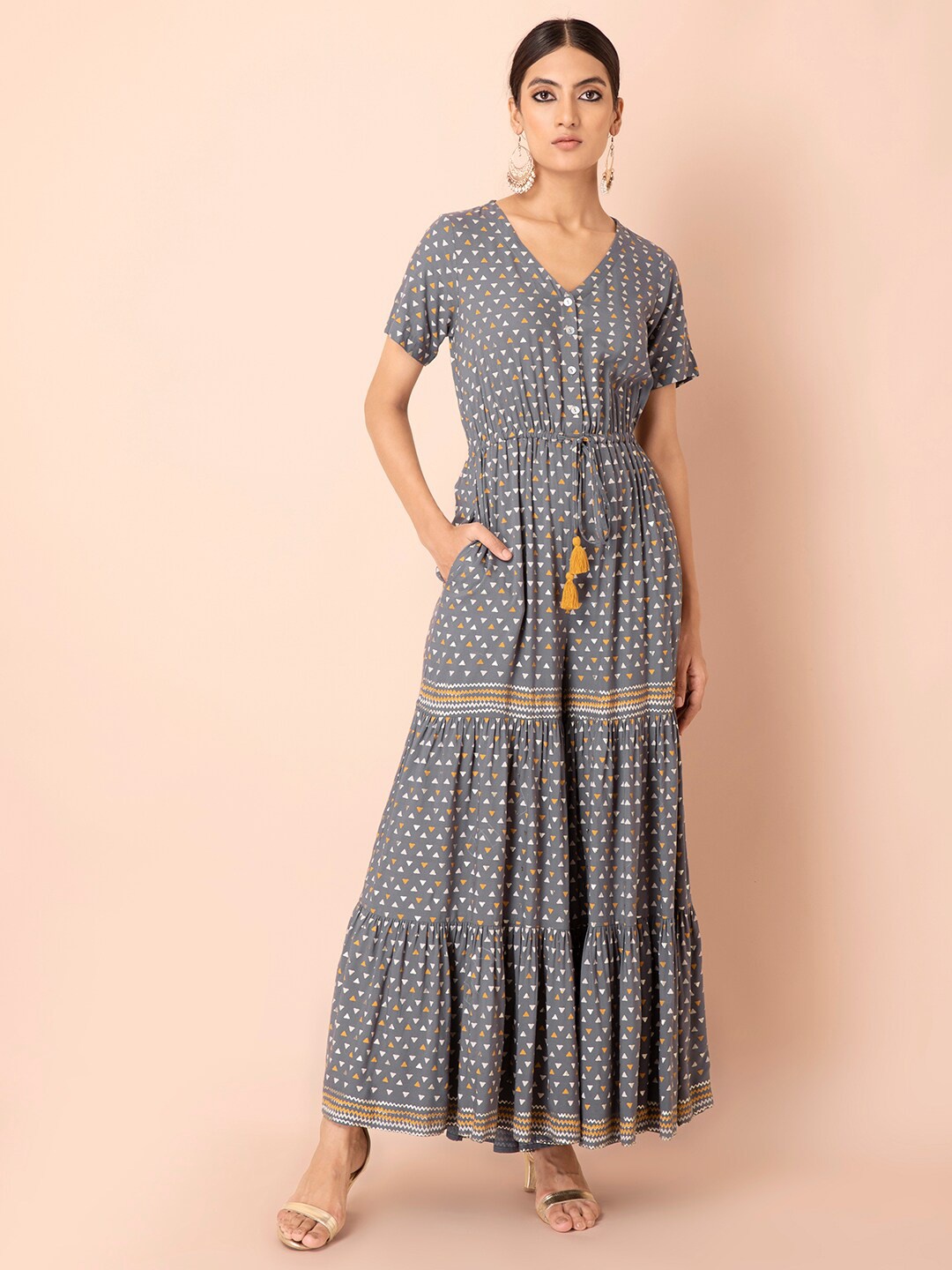 

INDYA Geometric Printed V-Neck Tiered Jumpsuit, Grey
