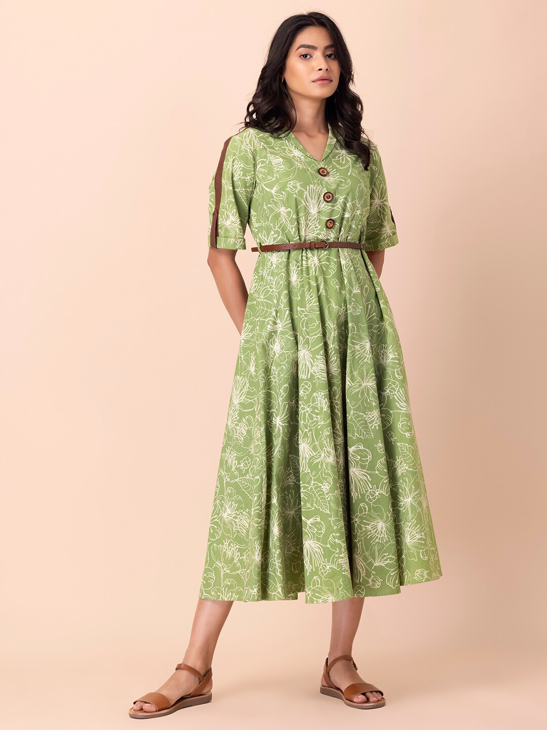 

INDYA Floral Printed Pure Cotton Fit & Flare Dress With Belt, Green