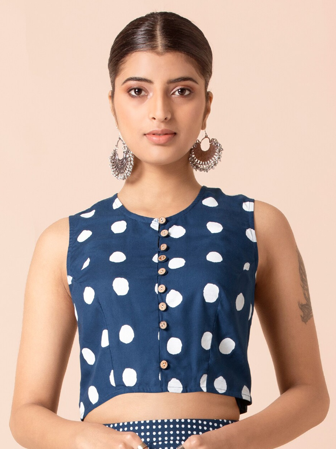 

INDYA Round Neck Polka Dot Printed Fitted Crop Top, Blue