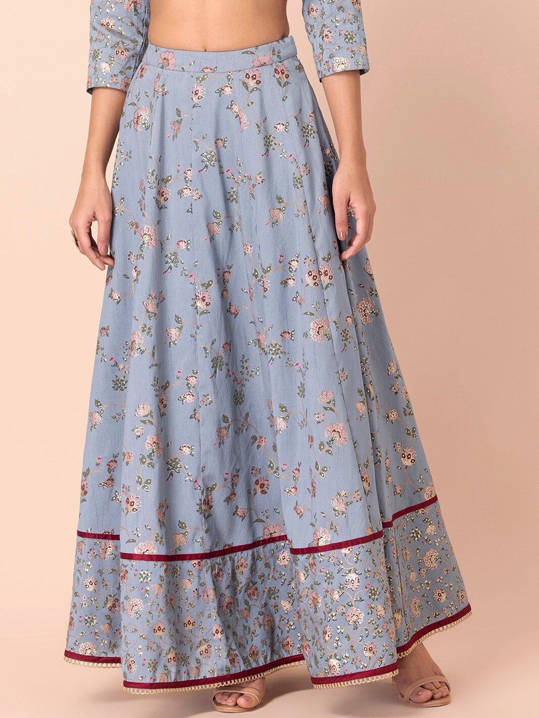 

INDYA Floral Foil Printed Flared Maxi Skirt, Grey