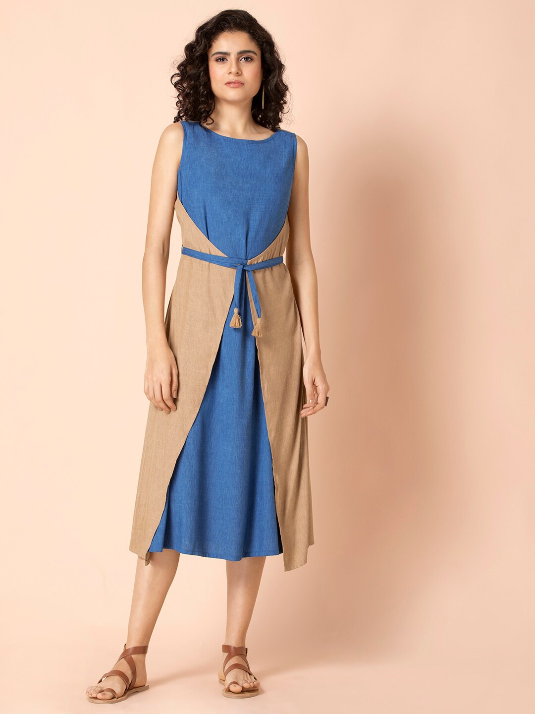 

INDYA Round Neck Tie Up Wrap Midi Dress, Blue