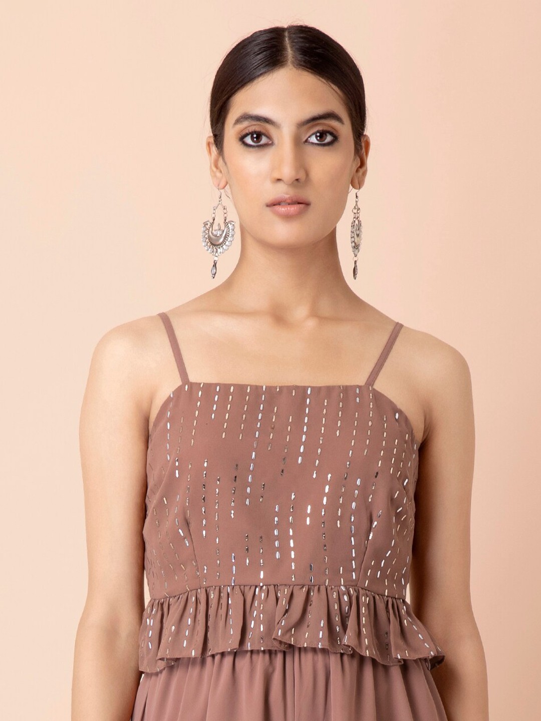 

INDYA Shoulder Straps Embellished Mukaish Foil Peplum Crop Top, Pink