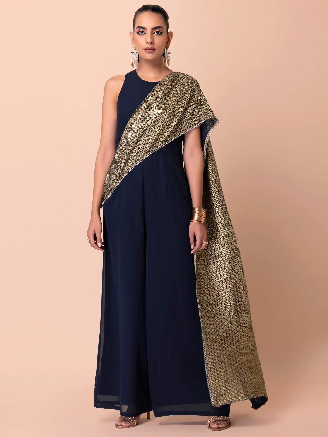 

INDYA Culotte Jumpsuit with Attached Dupatta, Navy blue