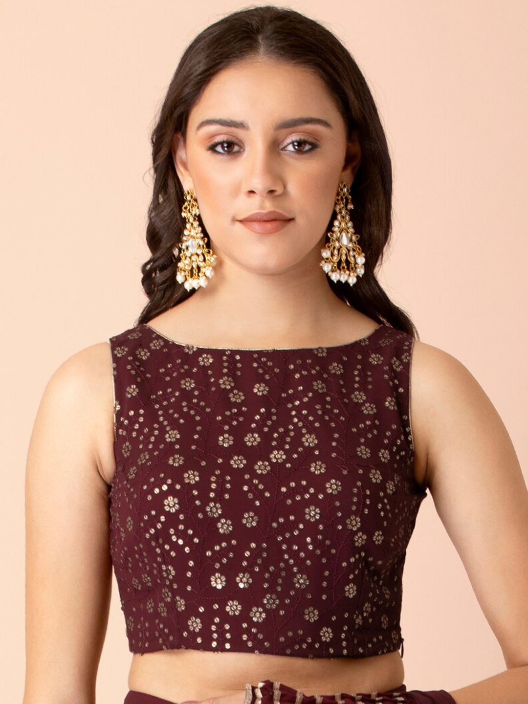 

INDYA Boat Neck Sequins Embellished Crop Top, Burgundy