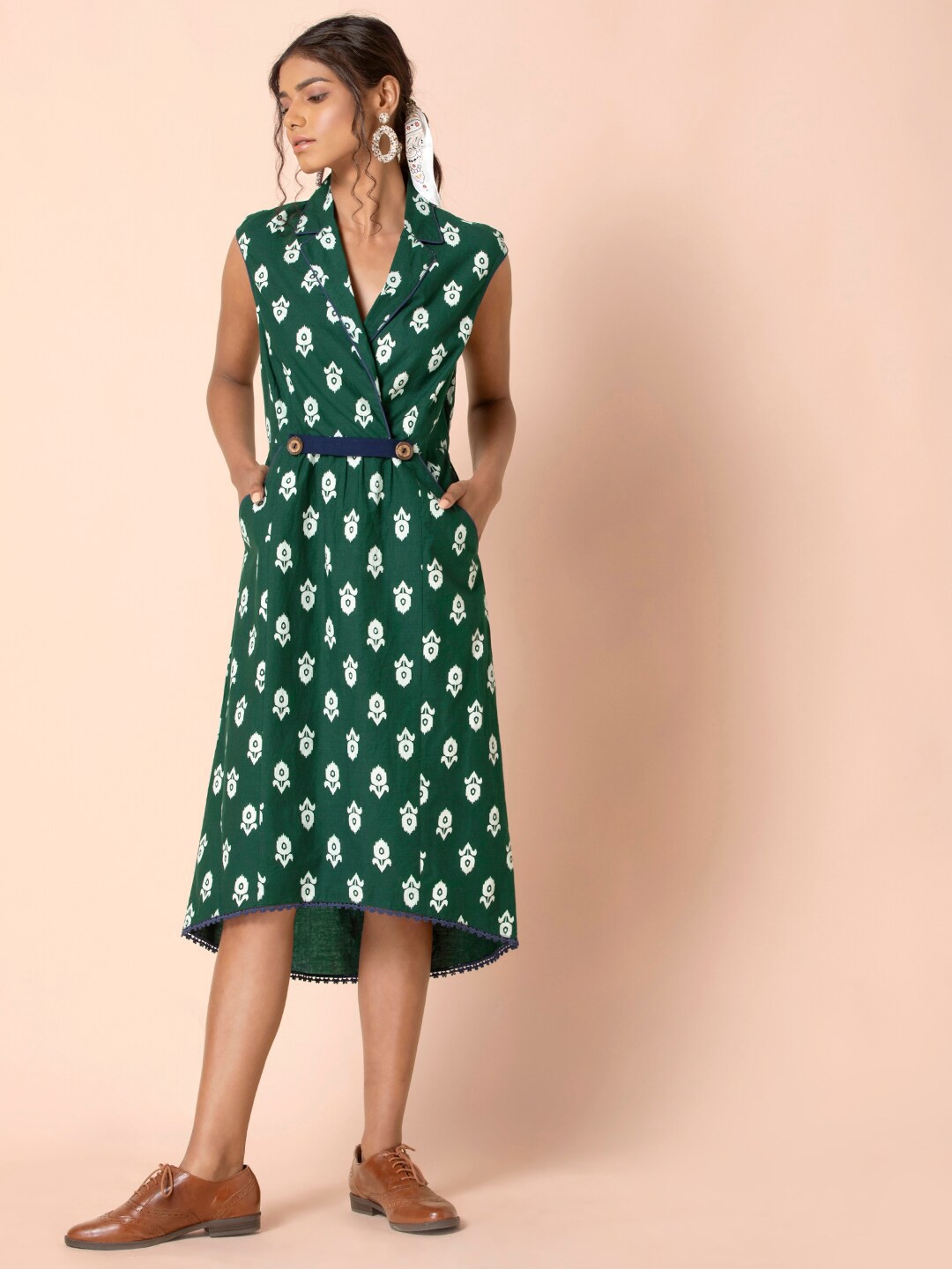 

INDYA Floral Printed Pure Cotton Shirt Dress, Green
