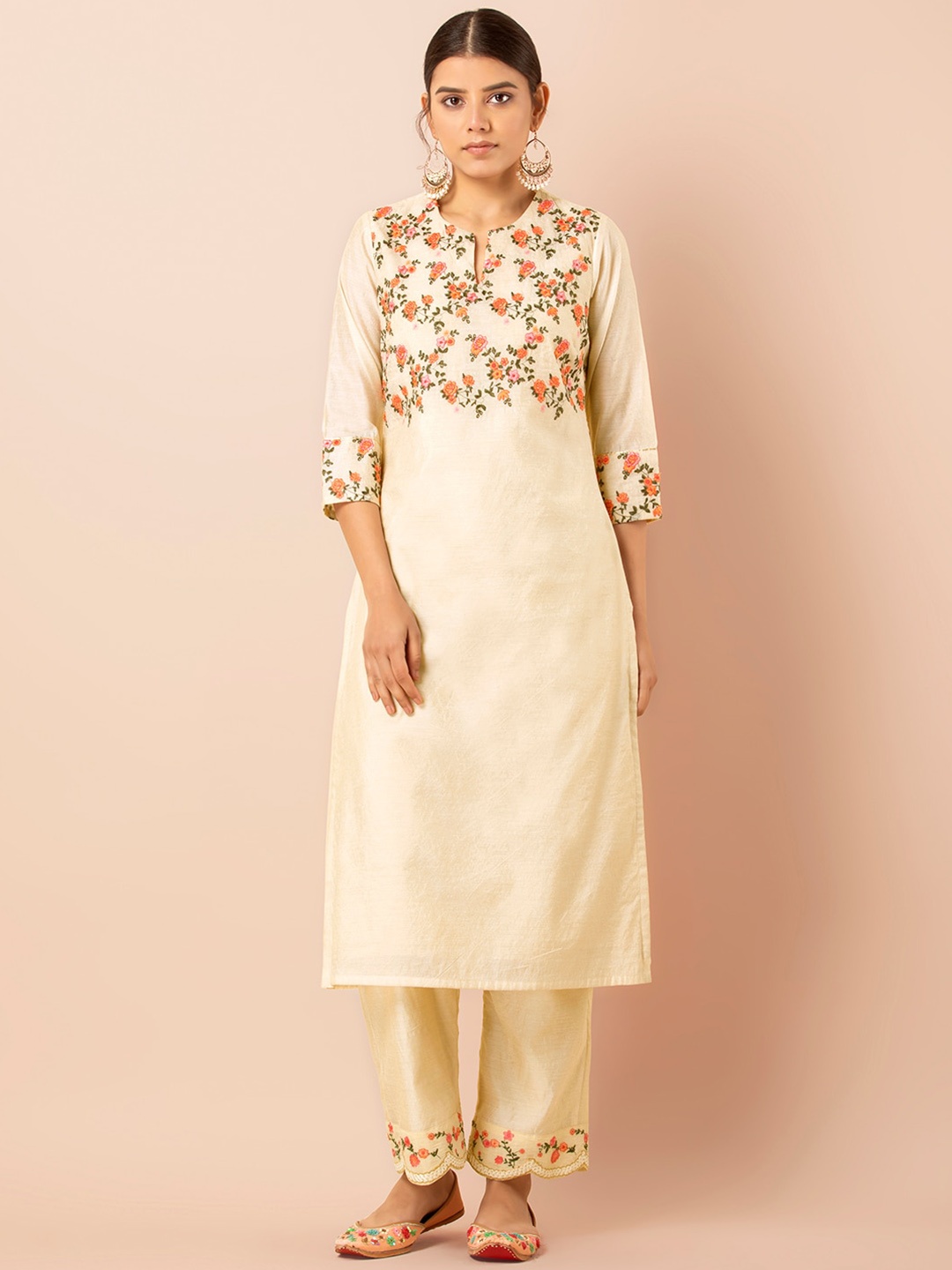 

INDYA Floral Embroidered Straight Kurta, Cream