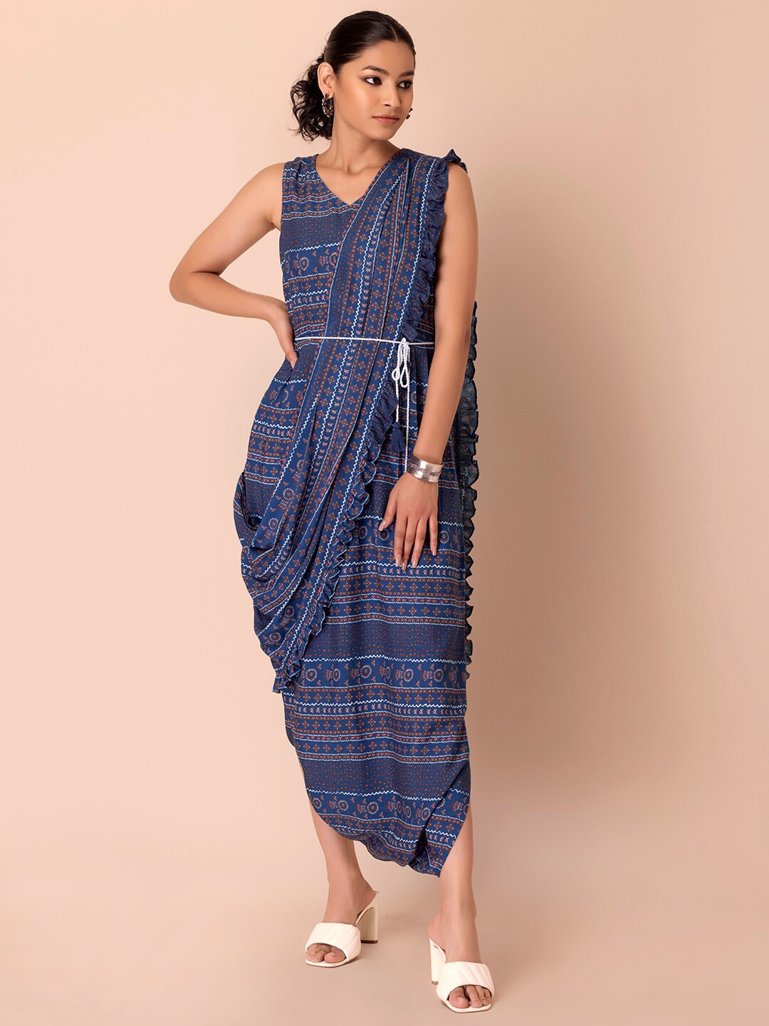 

INDYA Ethnic Motifs Printed Belted Jumpsuit with Attached Dupatta, Navy blue