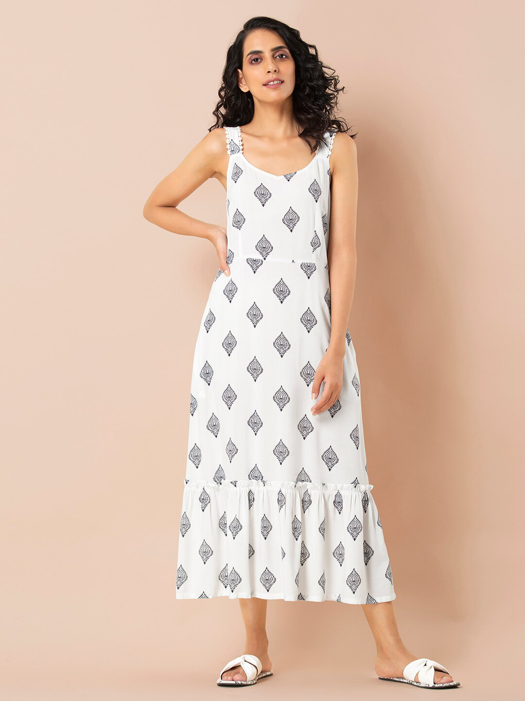 

INDYA Ethnic Motif Printed A-Line Midi Dress, White
