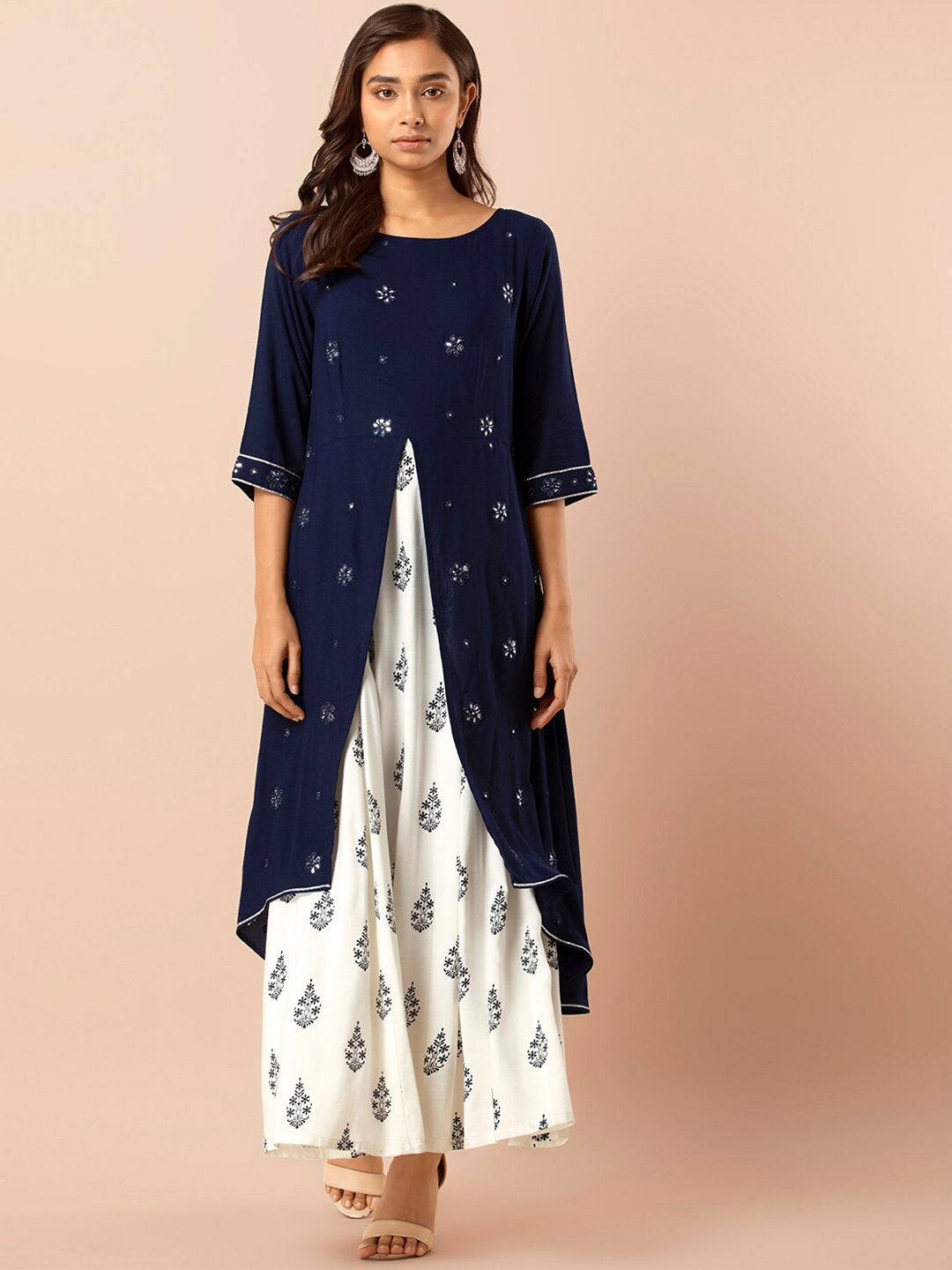 

INDYA Floral Embroidered Mirror Work Layered A-Line Kurta, Navy blue