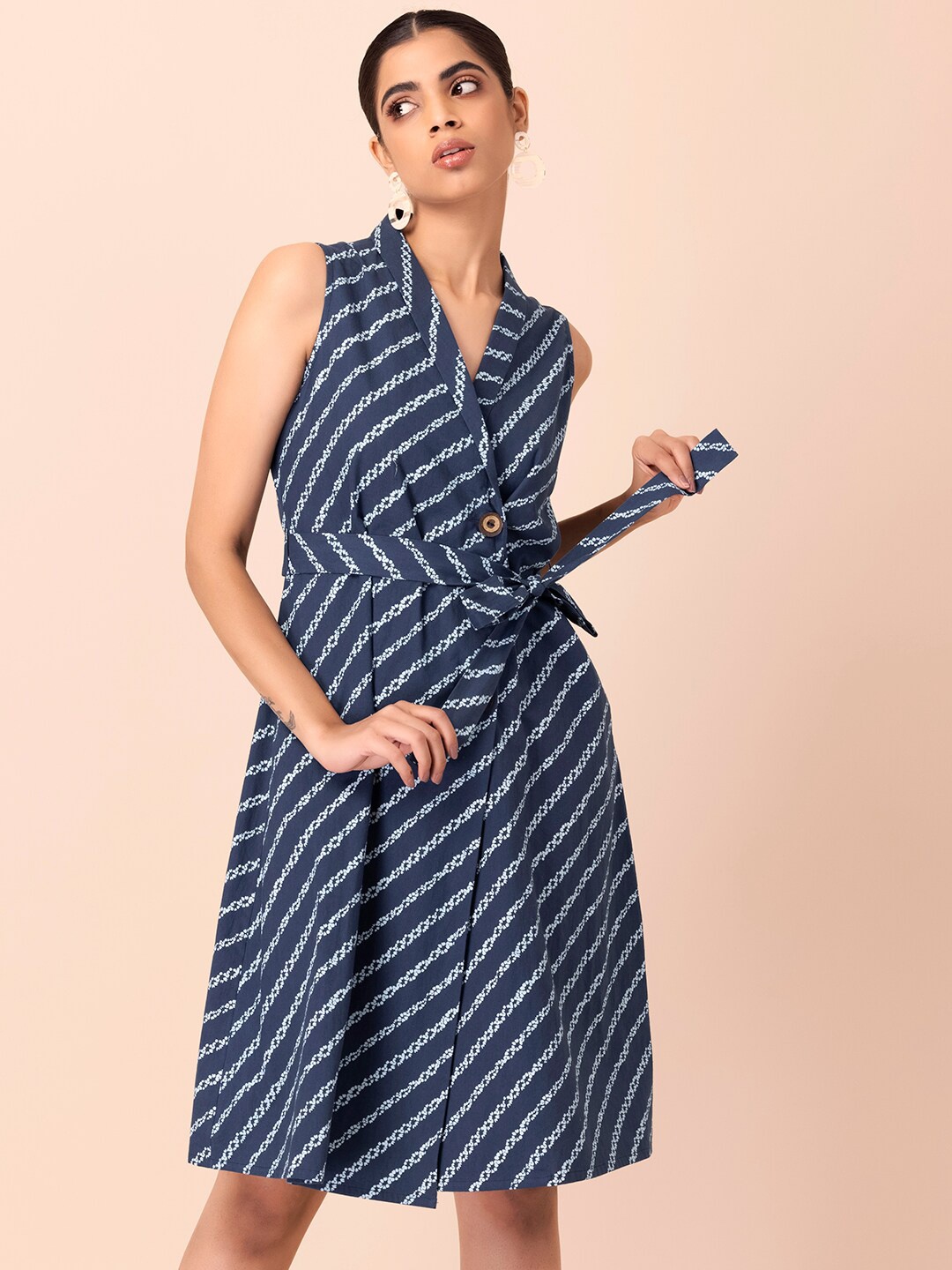 

INDYA Striped Pure Cotton Shirt Dress With Belt, Blue