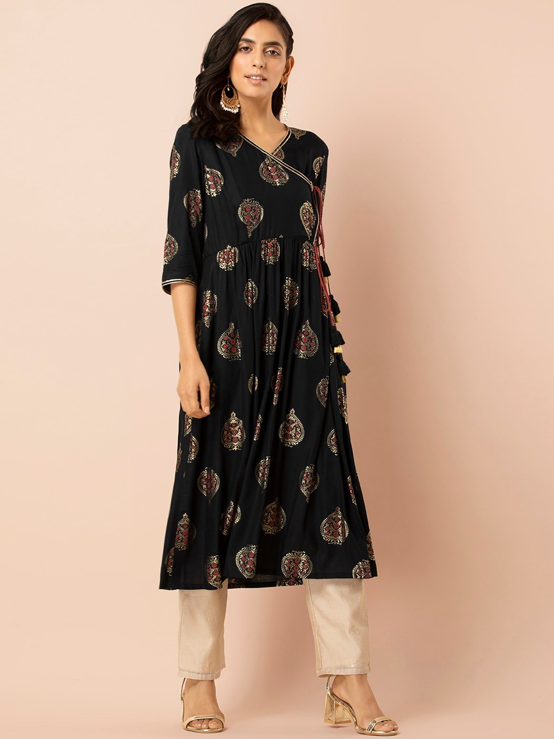 

INDYA Ethnic Motifs Foil Printed Angrakha A-line Kurta, Black