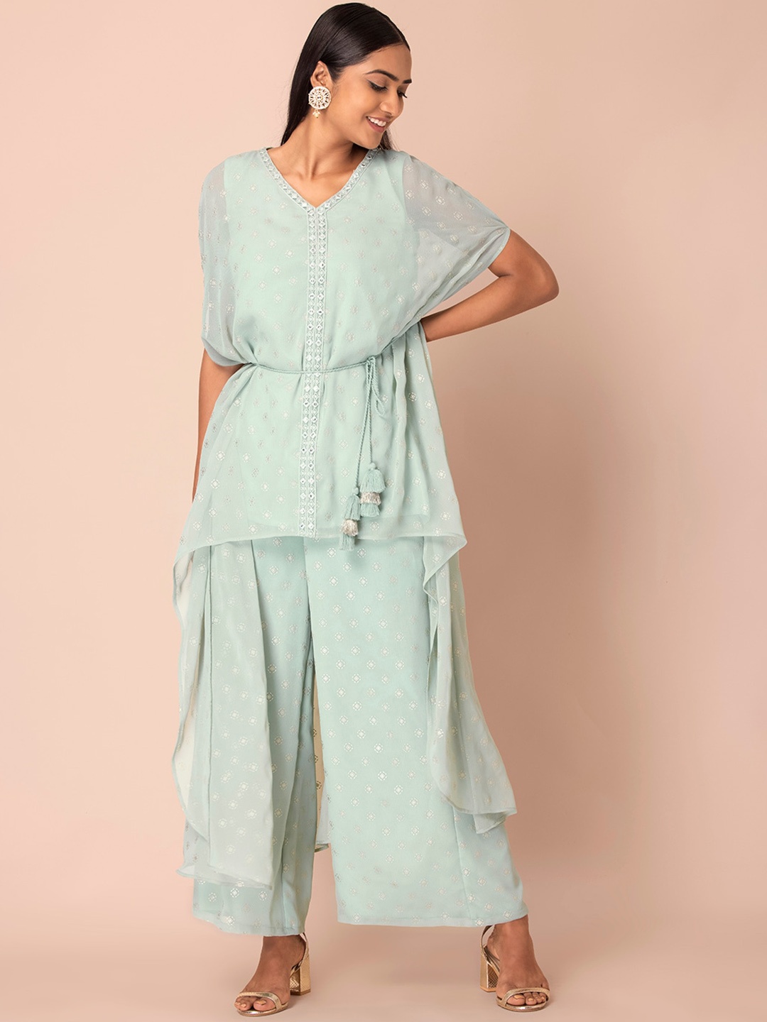 

INDYA Geometric Foil Printed High Low Kaftan Kurta, Sea green