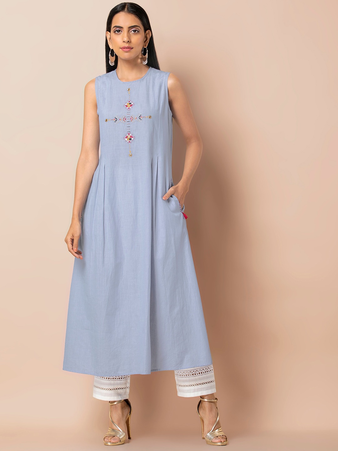 

INDYA Ethnic Motifs Embroiderd Sleeveless A-Line Pure Cotton Kurta, Blue