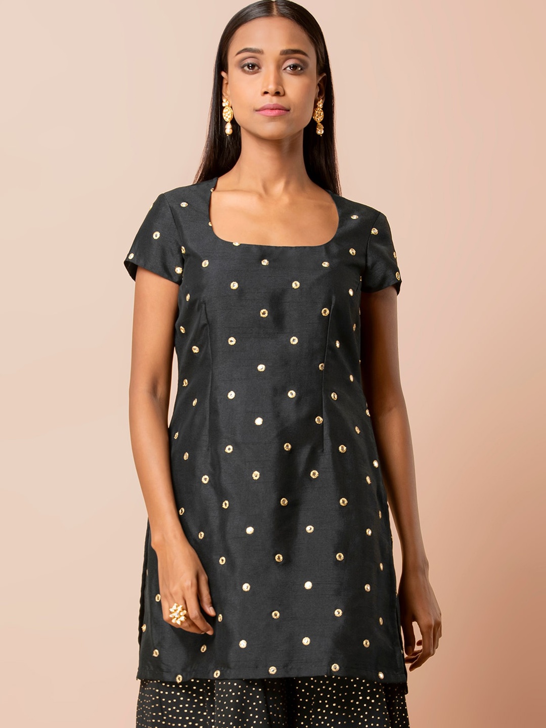 

INDYA Geometric Embellished Mirror Work Kurti, Black
